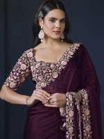 Dark Plum Satin Chiffon Party Wear Saree